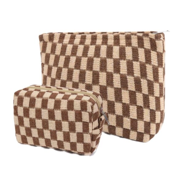 2Pcs Makeup Bag for Women Checkered Cosmetic Bag Set Travel Toiletry Bag Makeup - Picture 1 of 6